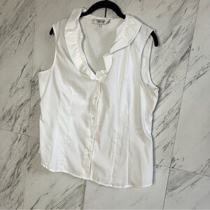 Jones Studio Sleeveless Ruffle Crisp White Cotton Button-Up Blouse SZ 12